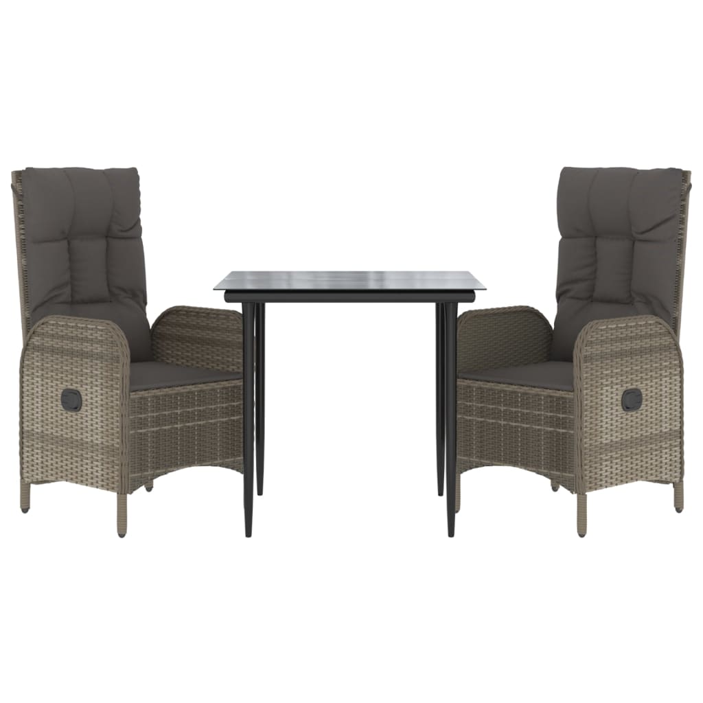3 Piece Garden Dining Set with Cushions Black and Grey Poly Rattan