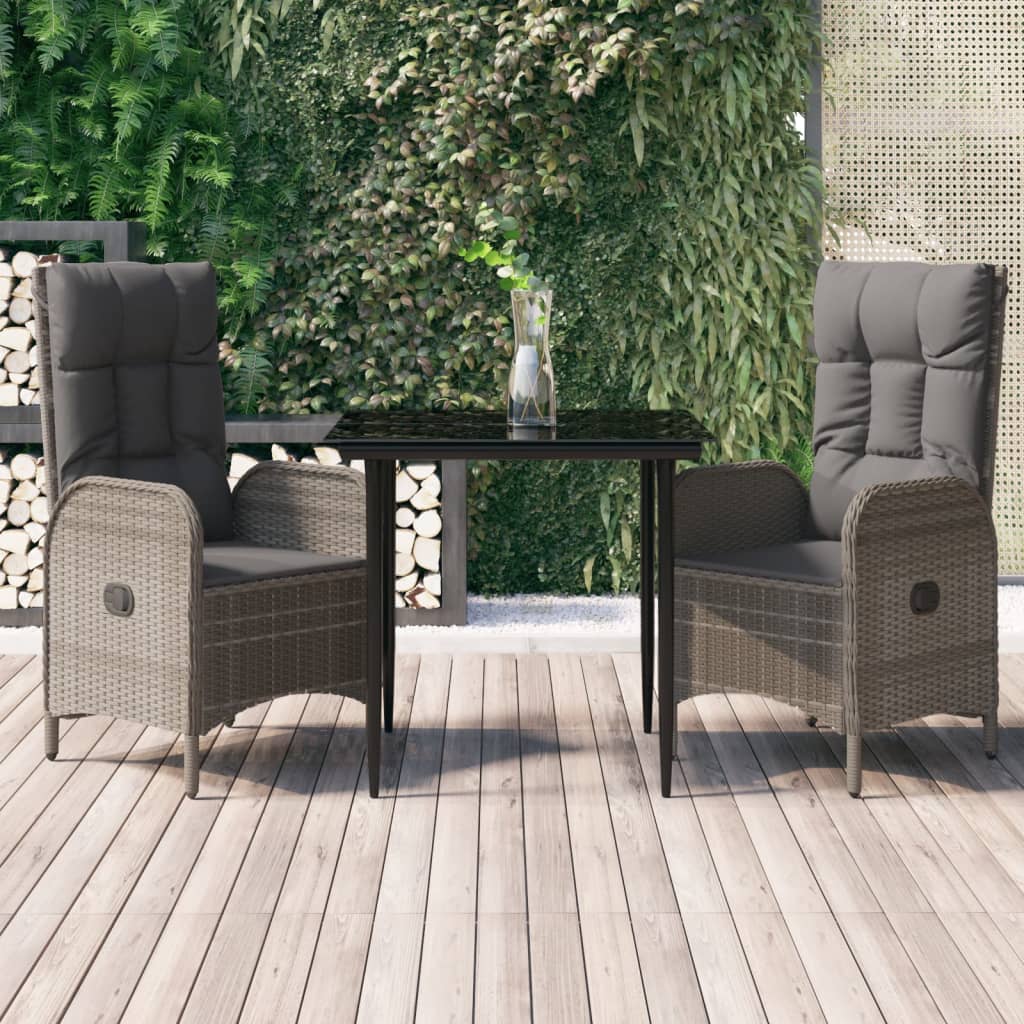 3 Piece Garden Dining Set with Cushions Black and Grey Poly Rattan