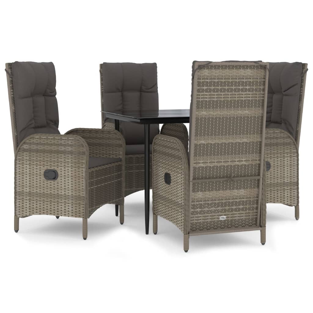 5 Piece Garden Dining Set with Cushions Black and Grey Poly Rattan