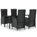 5 Piece Garden Dining Set with Cushions Black Poly Rattan - Front View