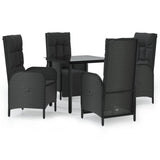 5 Piece Garden Dining Set with Cushions Black Poly Rattan - Front View