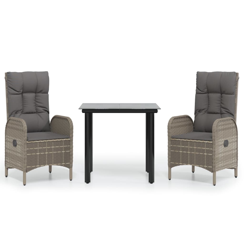 3 Piece Garden Dining Set with Cushions Black and Grey Poly Rattan