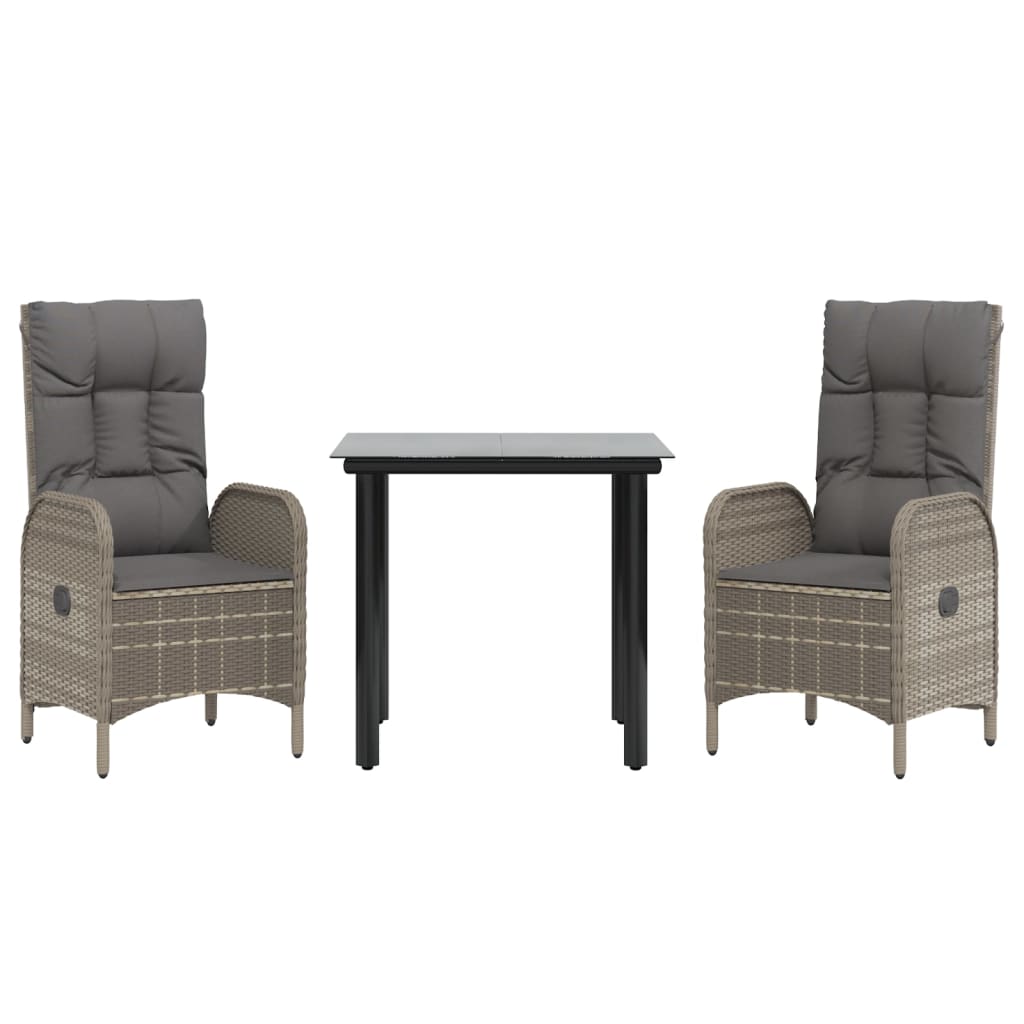 3 Piece Garden Dining Set with Cushions Black and Grey Poly Rattan