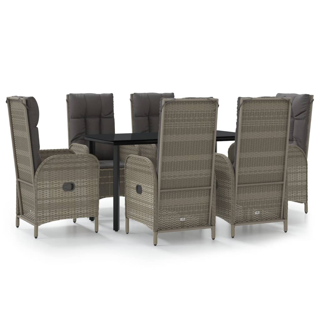 7 Piece Garden Dining Set with Cushions Black and Grey Poly Rattan