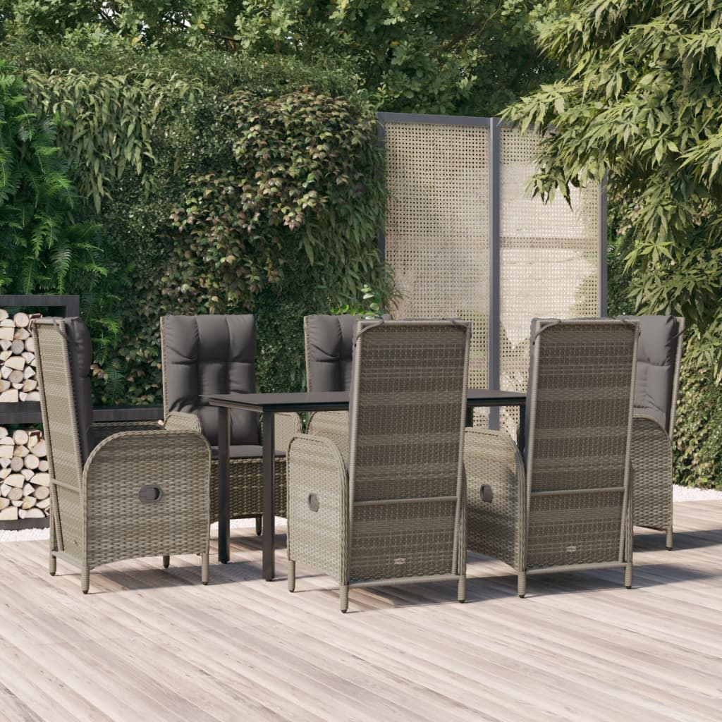 7 Piece Garden Dining Set with Cushions Black and Grey Poly Rattan