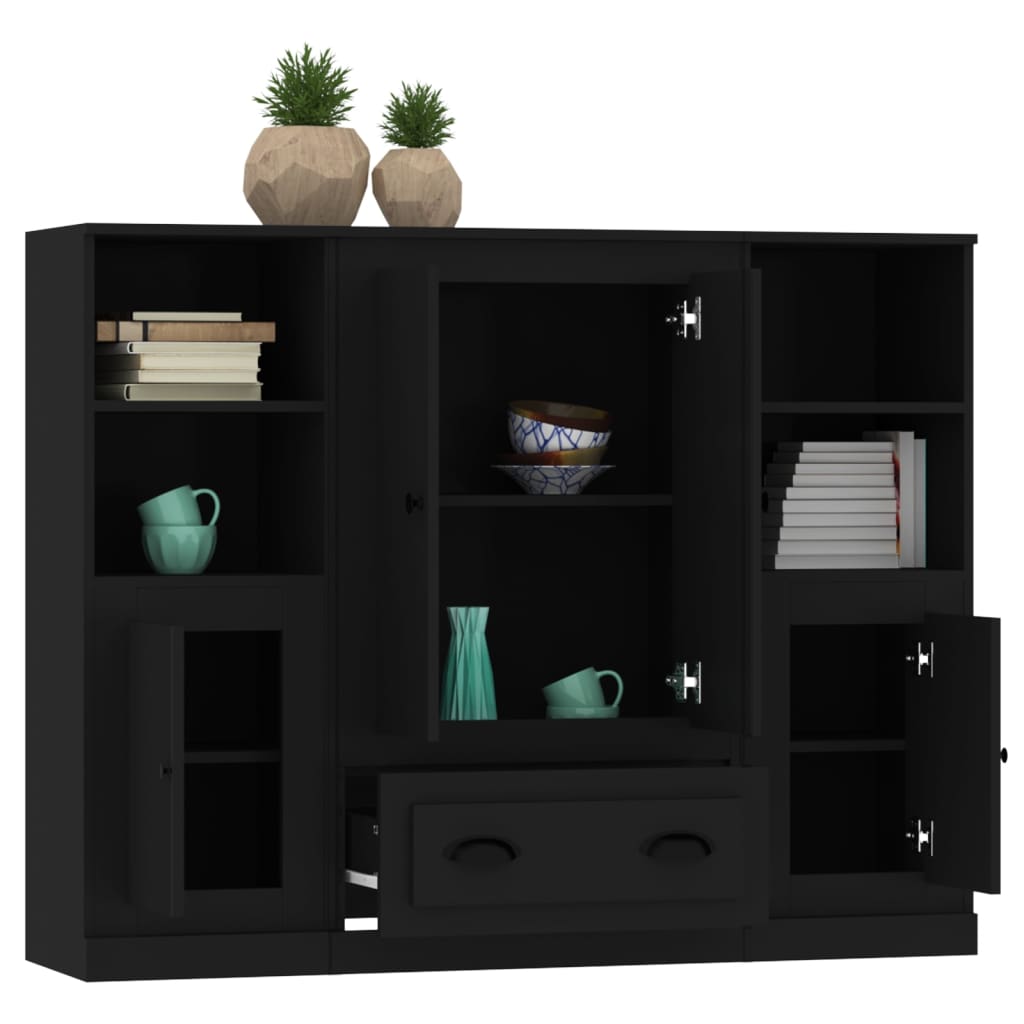 Highboards 3 pcs Black Engineered Wood