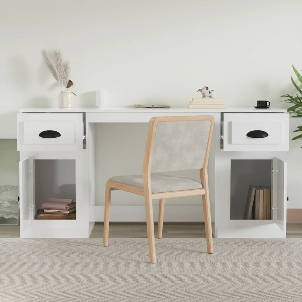 Desk with Cabinet High Gloss White Engineered Wood