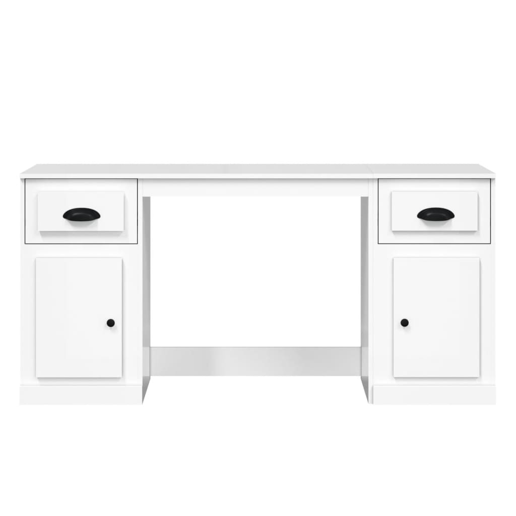 Desk with Cabinet High Gloss White Engineered Wood