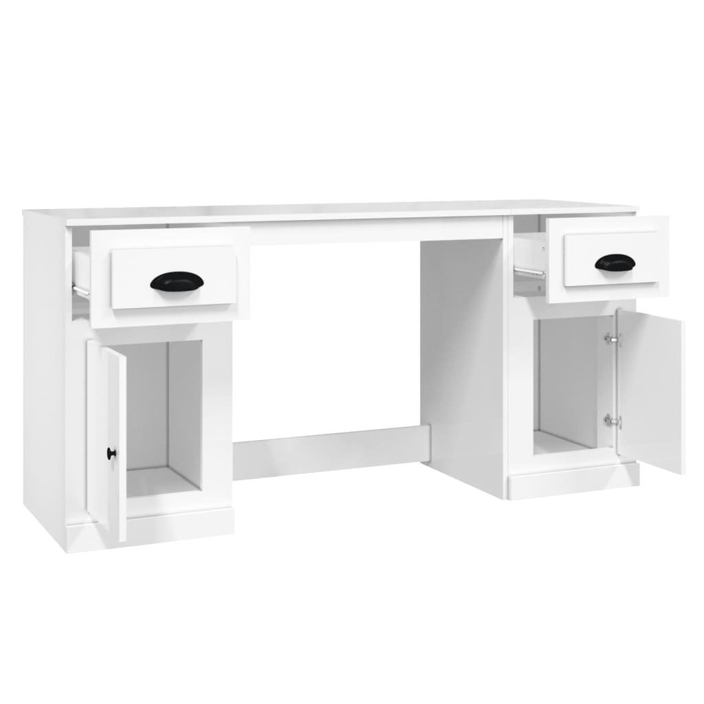 Desk with Cabinet High Gloss White Engineered Wood