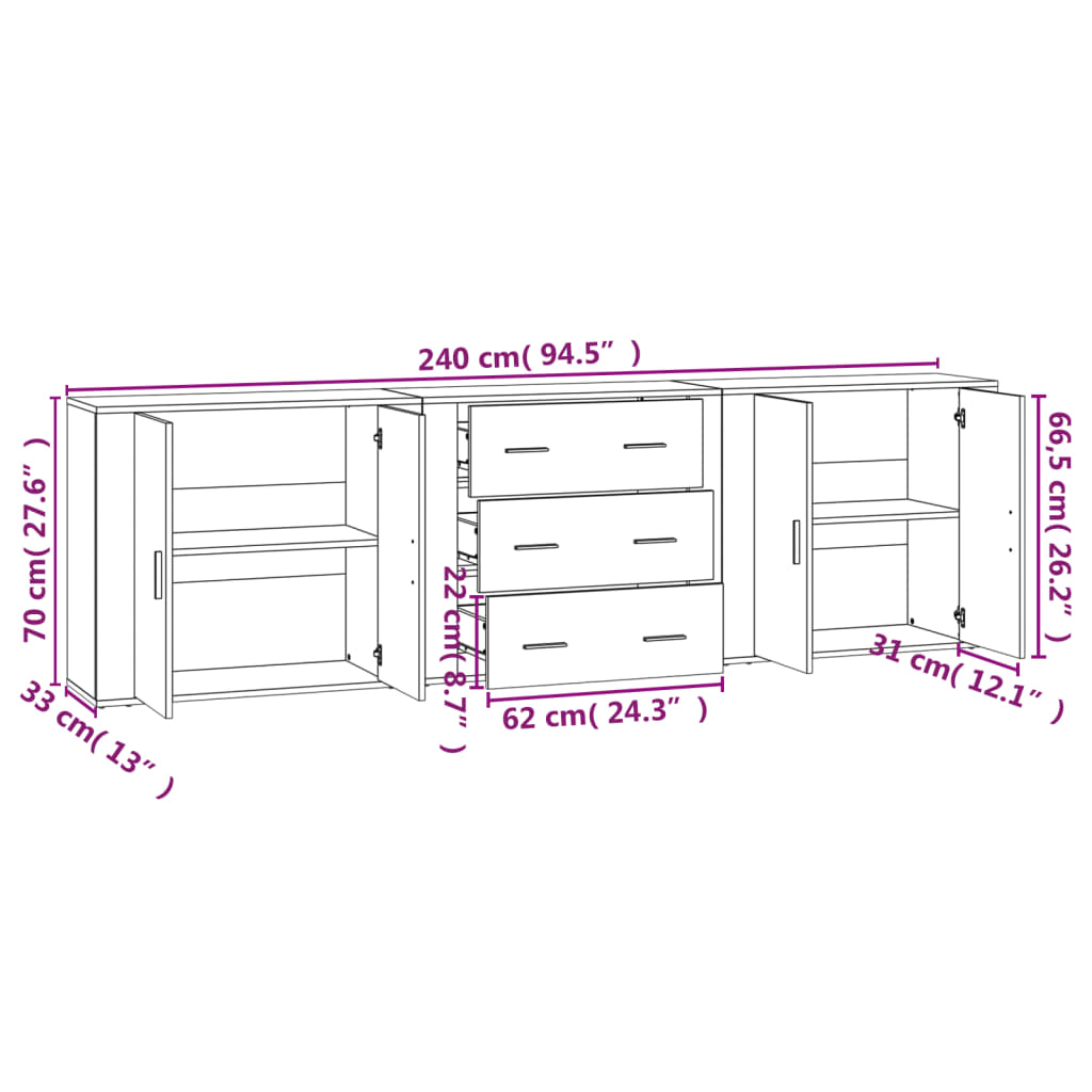 Sideboards 3 pcs High Gloss White Engineered Wood