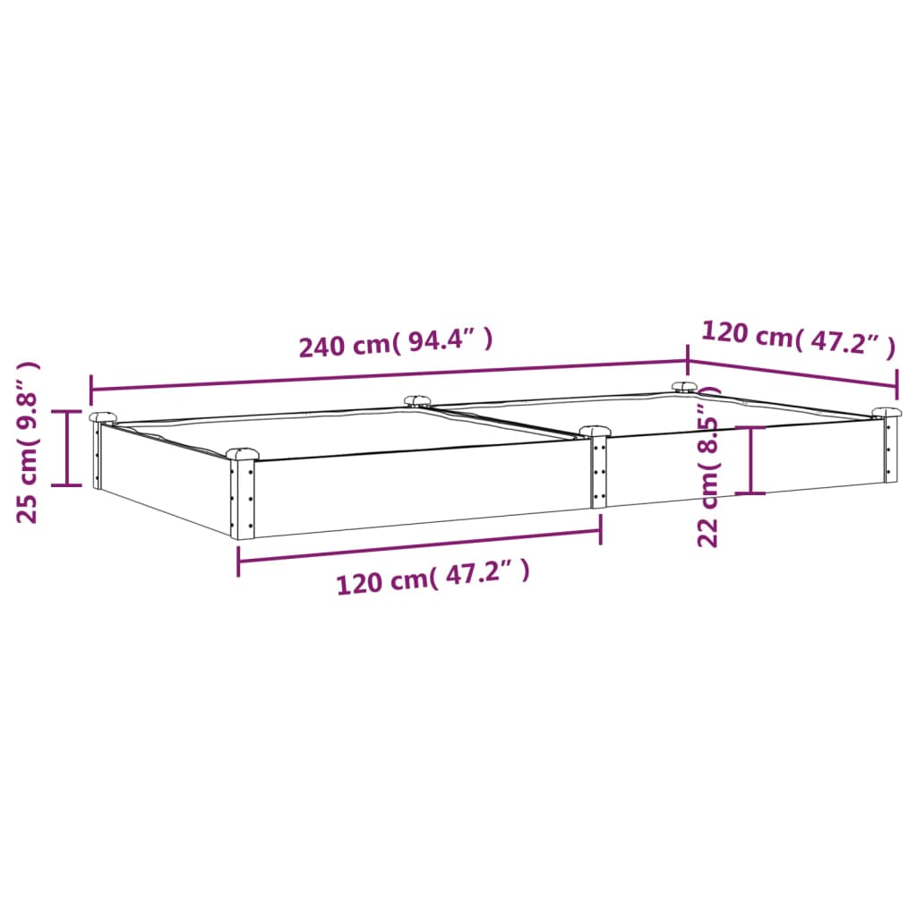 Garden Raised Bed with Liner 240x120x25 cm Solid Wood Fir