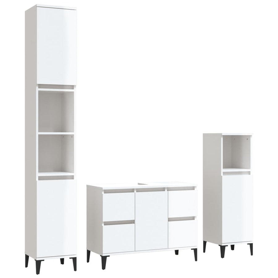 3 Piece Bathroom Furniture Set High Gloss White Engineered Wood