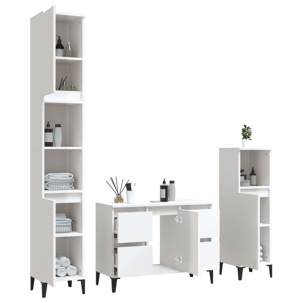 3 Piece Bathroom Furniture Set High Gloss White Engineered Wood