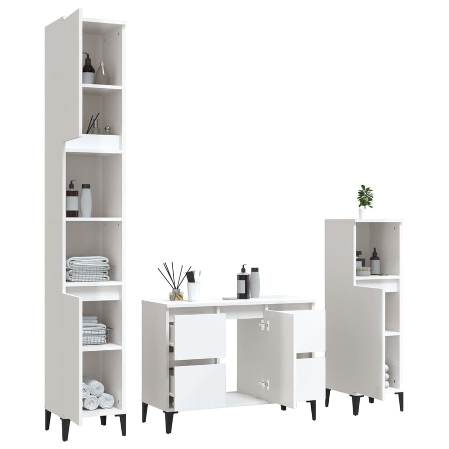 3 Piece Bathroom Furniture Set High Gloss White Engineered Wood
