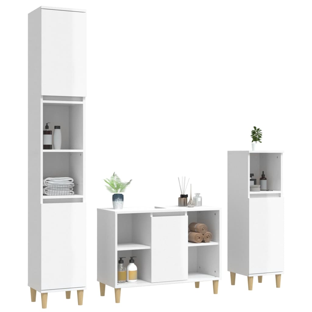 3 Piece Bathroom Furniture Set High Gloss White Engineered Wood