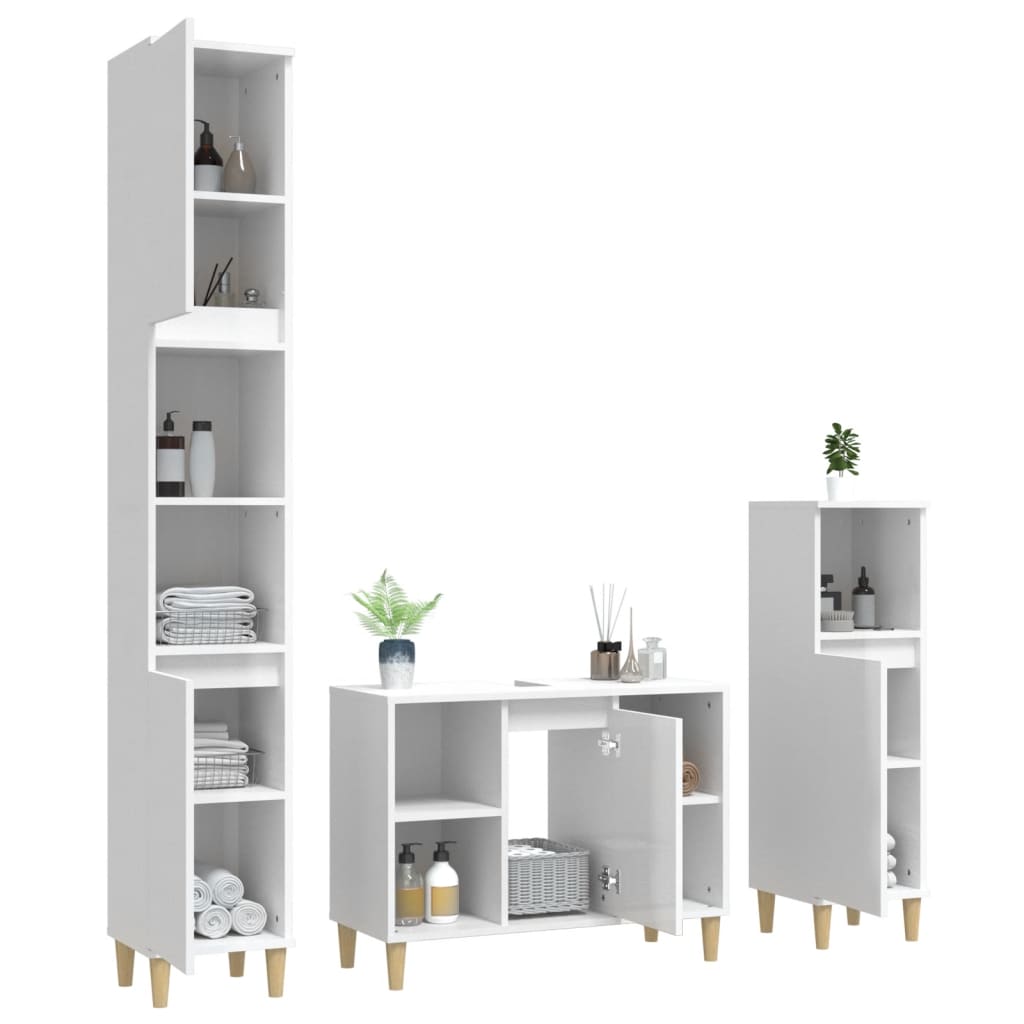 3 Piece Bathroom Furniture Set High Gloss White Engineered Wood