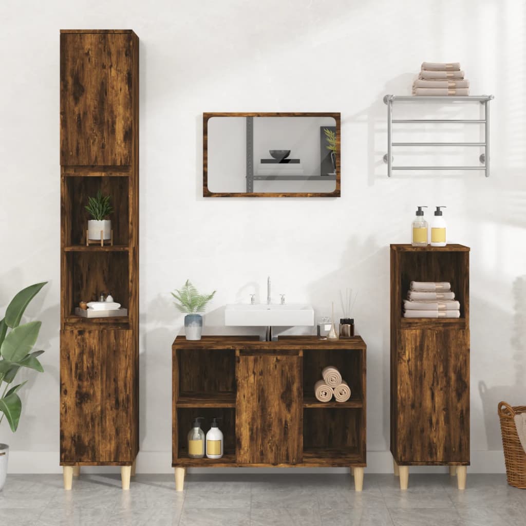 3 Piece Bathroom Furniture Set Smoked Oak Engineered Wood