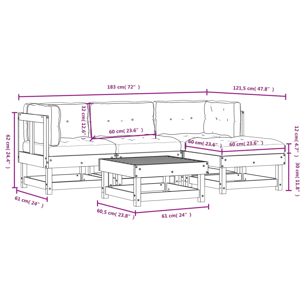 5 Piece Garden Lounge Set with Cushions White Solid Wood