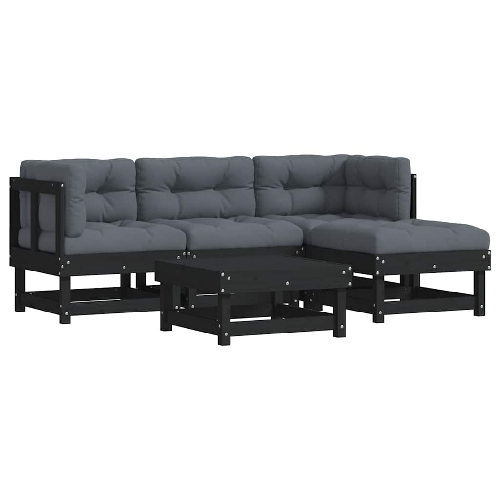 5 Piece Garden Lounge Set with Cushions Black Solid Wood