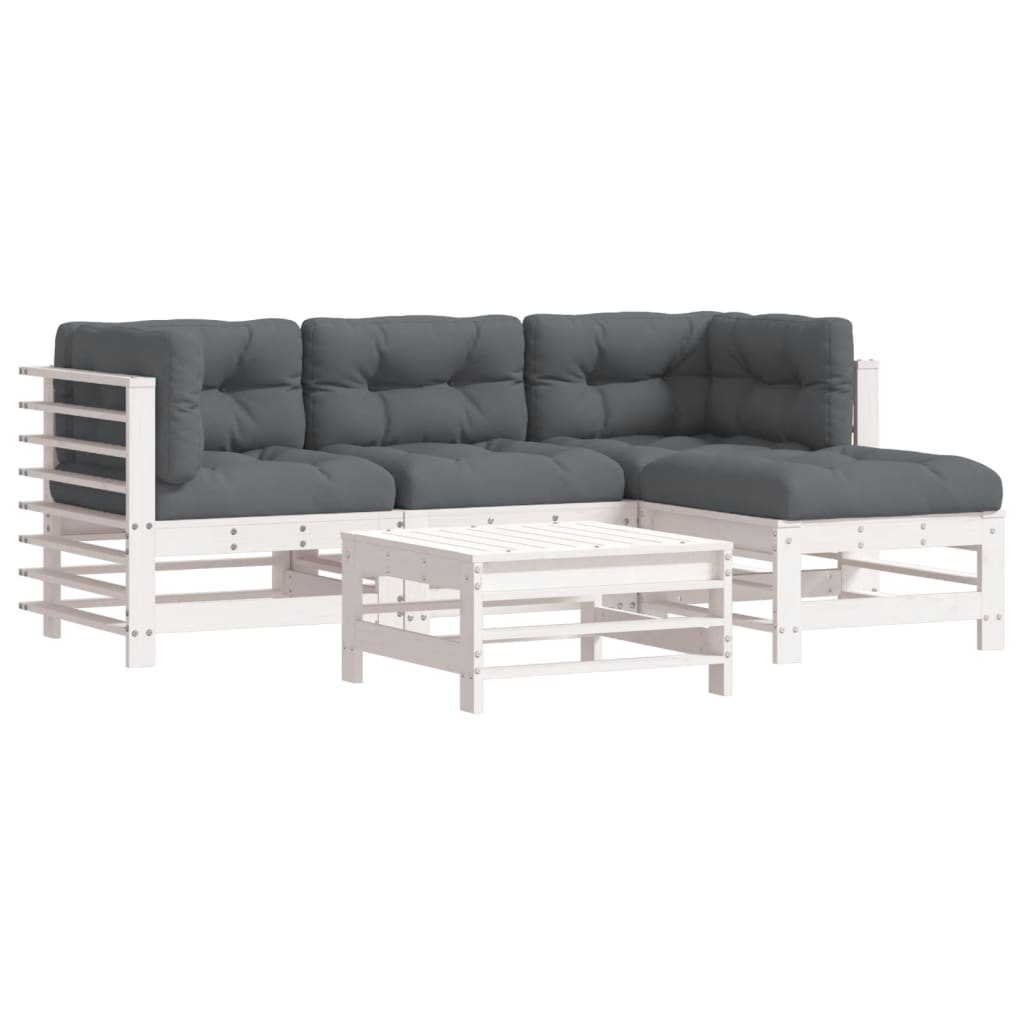 5 Piece Garden Lounge Set with Cushions White Solid Wood