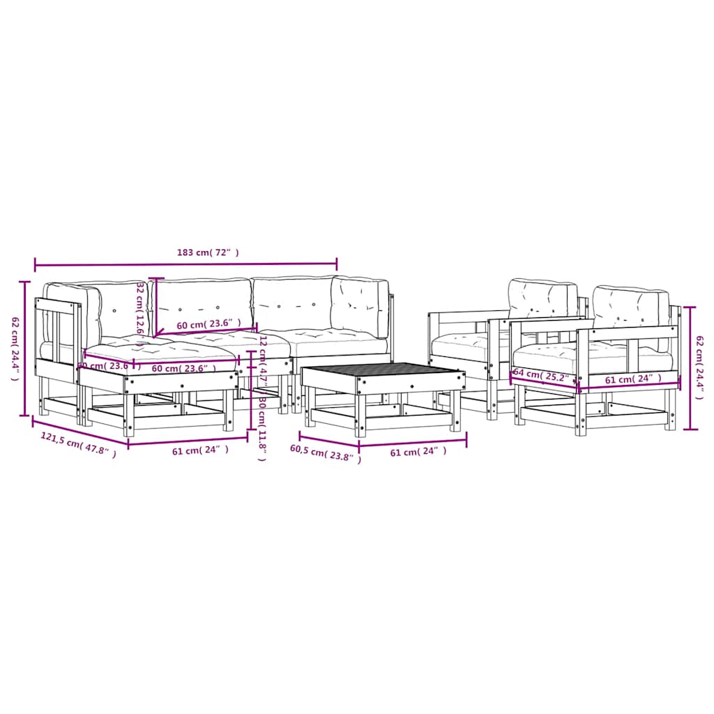 7 Piece Garden Lounge Set with Cushions Black Solid Wood