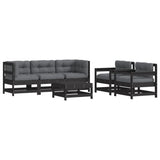 6 Piece Garden Lounge Set with Cushions Black Solid Wood - Front View