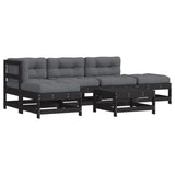 6 Piece Garden Lounge Set with Cushions Black Solid Wood - Front View