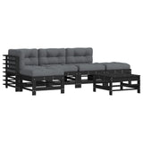 6 Piece Garden Lounge Set with Cushions Black Solid Wood - Front View
