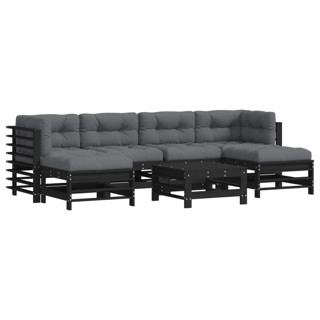 7 Piece Garden Lounge Set with Cushions Black Solid Wood