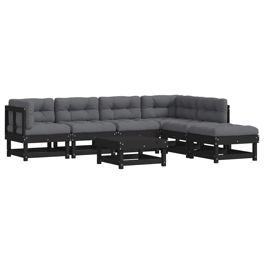 7 Piece Garden Lounge Set with Cushions Black Solid Wood