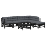 7 Piece Garden Lounge Set with Cushions Black Solid Wood - Front View