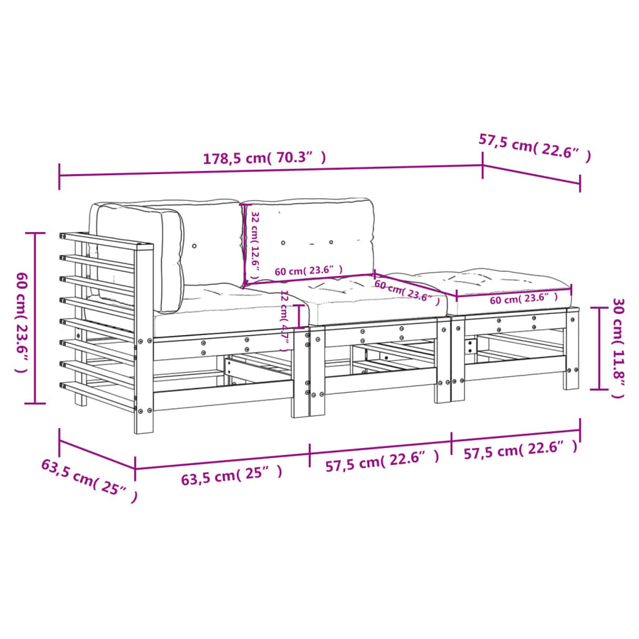 3 Piece Garden Lounge Set with Cushions Solid Wood