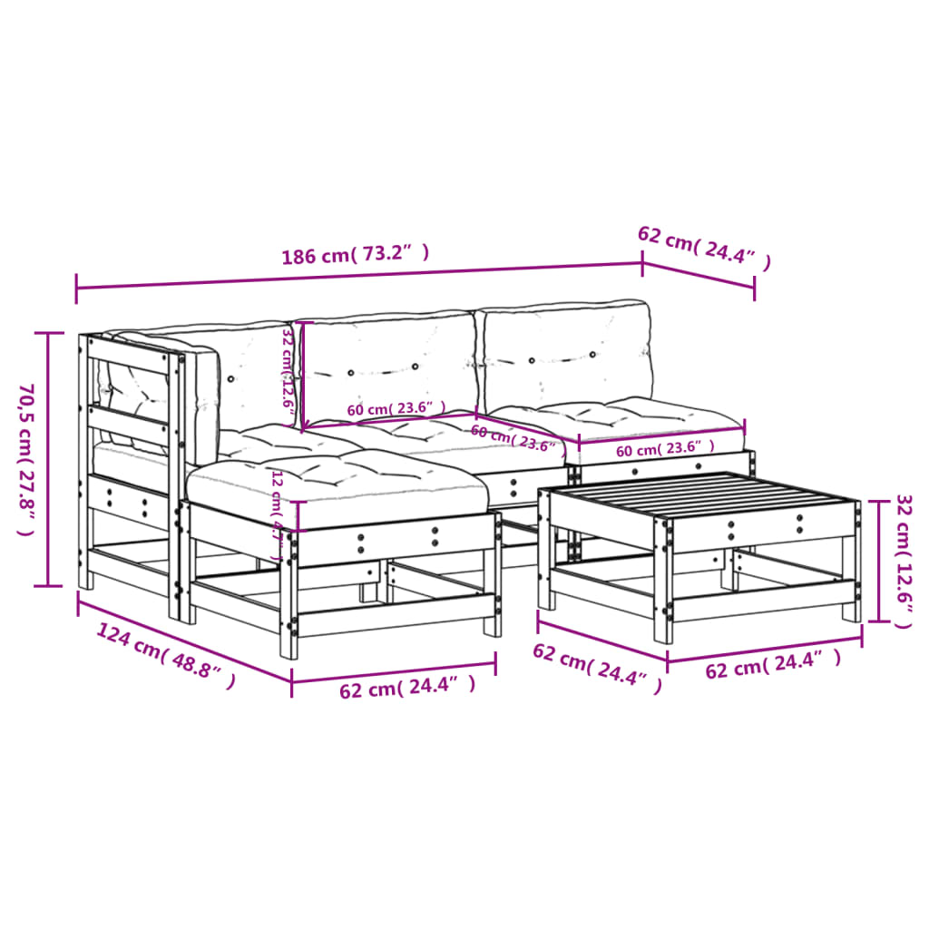 5 Piece Garden Lounge Set with Cushions White Solid Wood