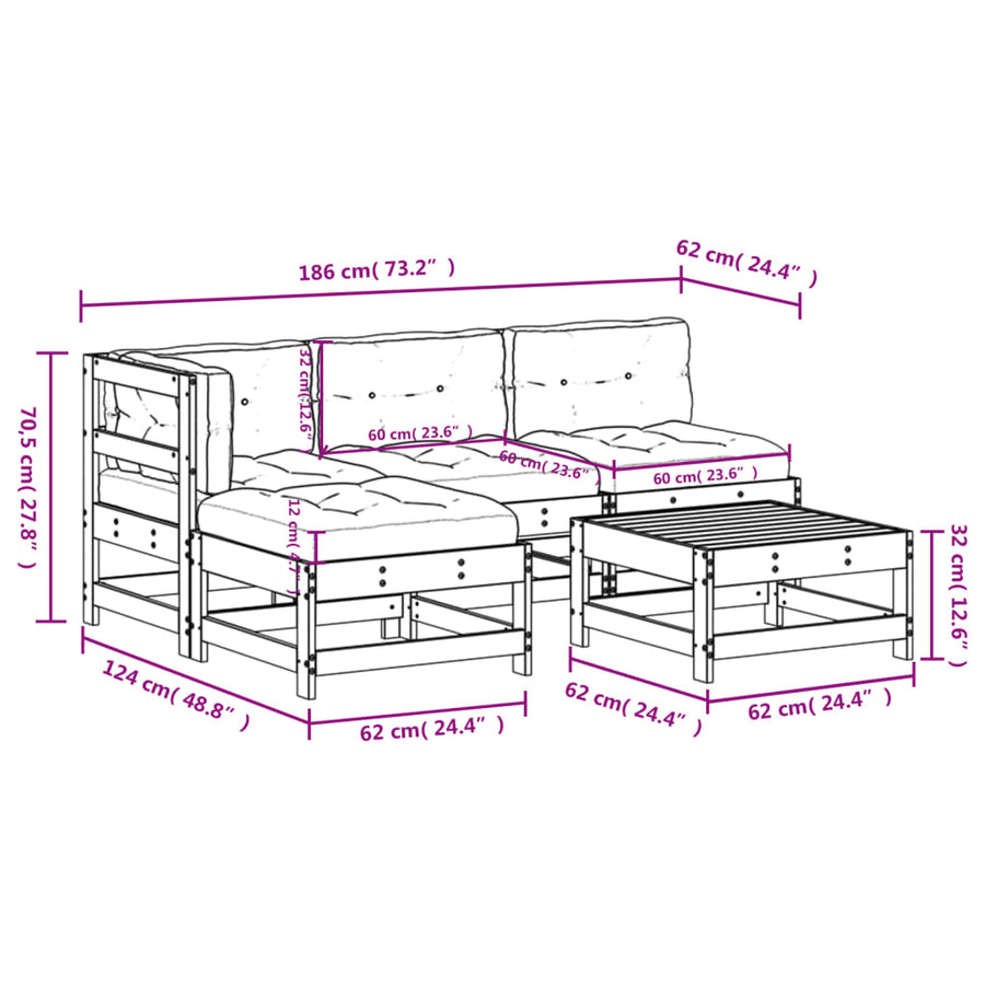 5 Piece Garden Lounge Set with Cushions White Solid Wood