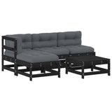 5 Piece Garden Lounge Set with Cushions Black Solid Wood - Front View