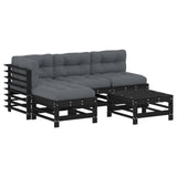 5 Piece Garden Lounge Set with Cushions Black Solid Wood - Front View
