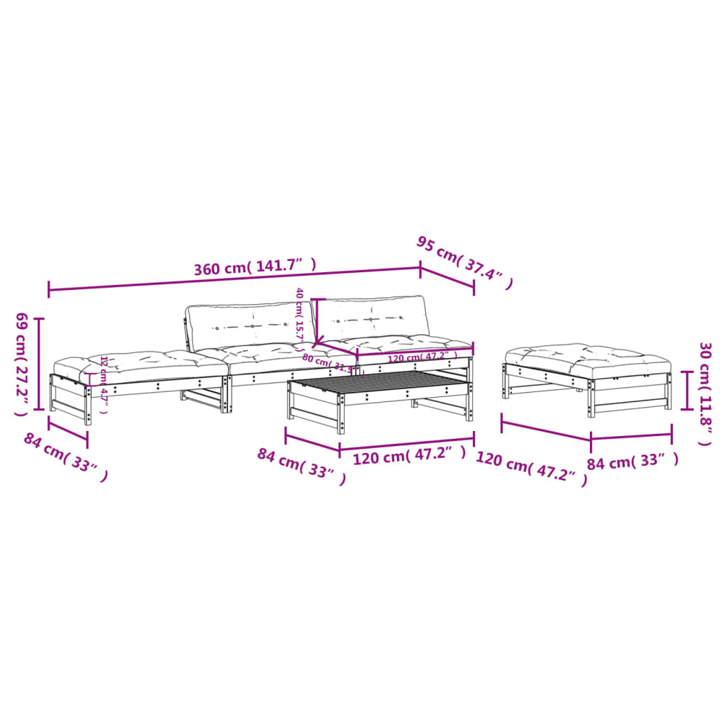 5 Piece Garden Lounge Set with Cushions Solid Wood