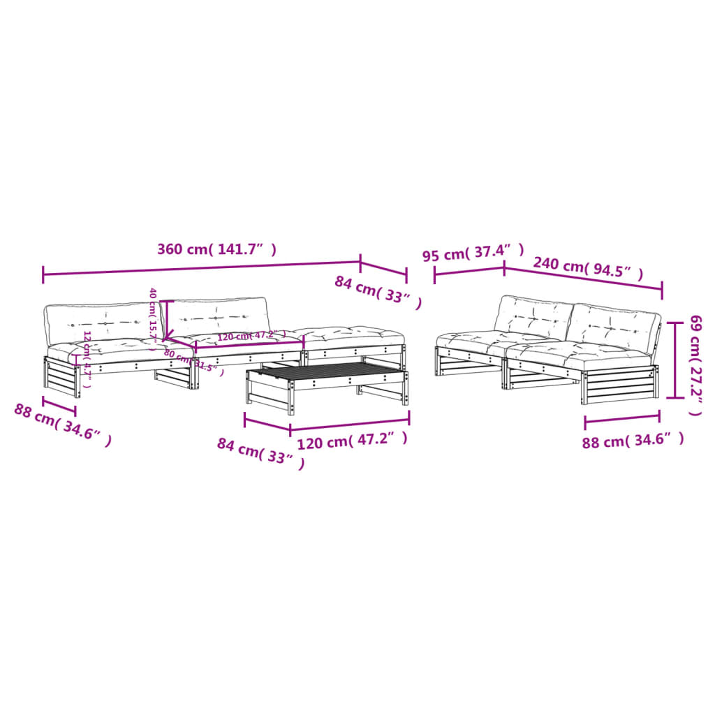 6 Piece Garden Lounge Set with Cushions White Solid Wood