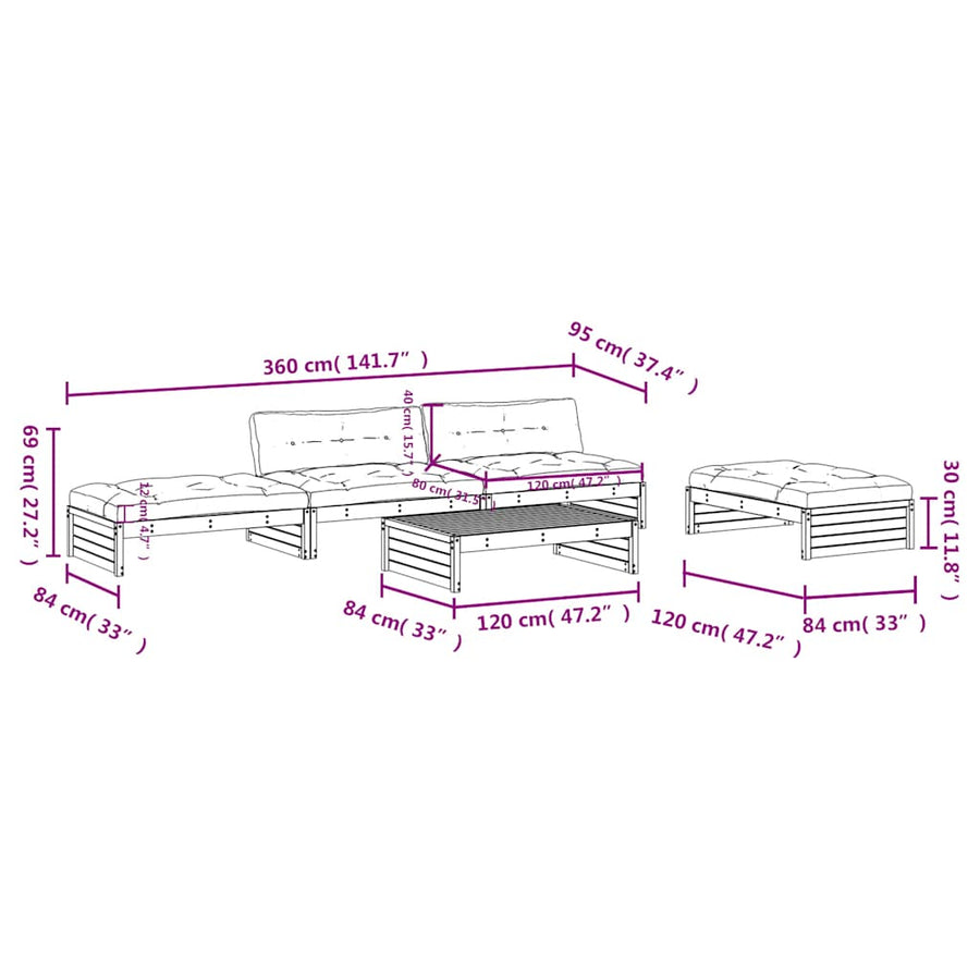 5 Piece Garden Lounge Set with Cushions Solid Wood