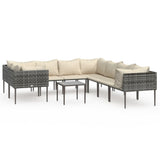 9 Piece Garden Lounge Set with Cushions Grey Poly Rattan - Front View