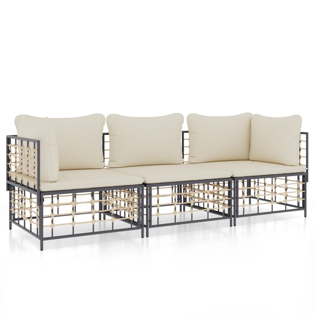 3 Piece Garden Lounge Set with Cushions Anthracite Poly Rattan