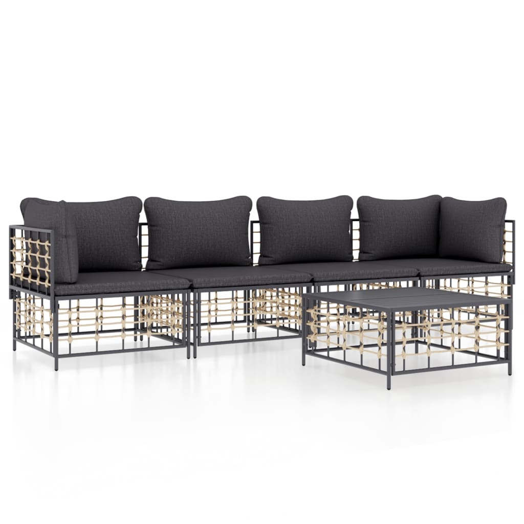 5 Piece Garden Lounge Set with Cushions Anthracite Poly Rattan