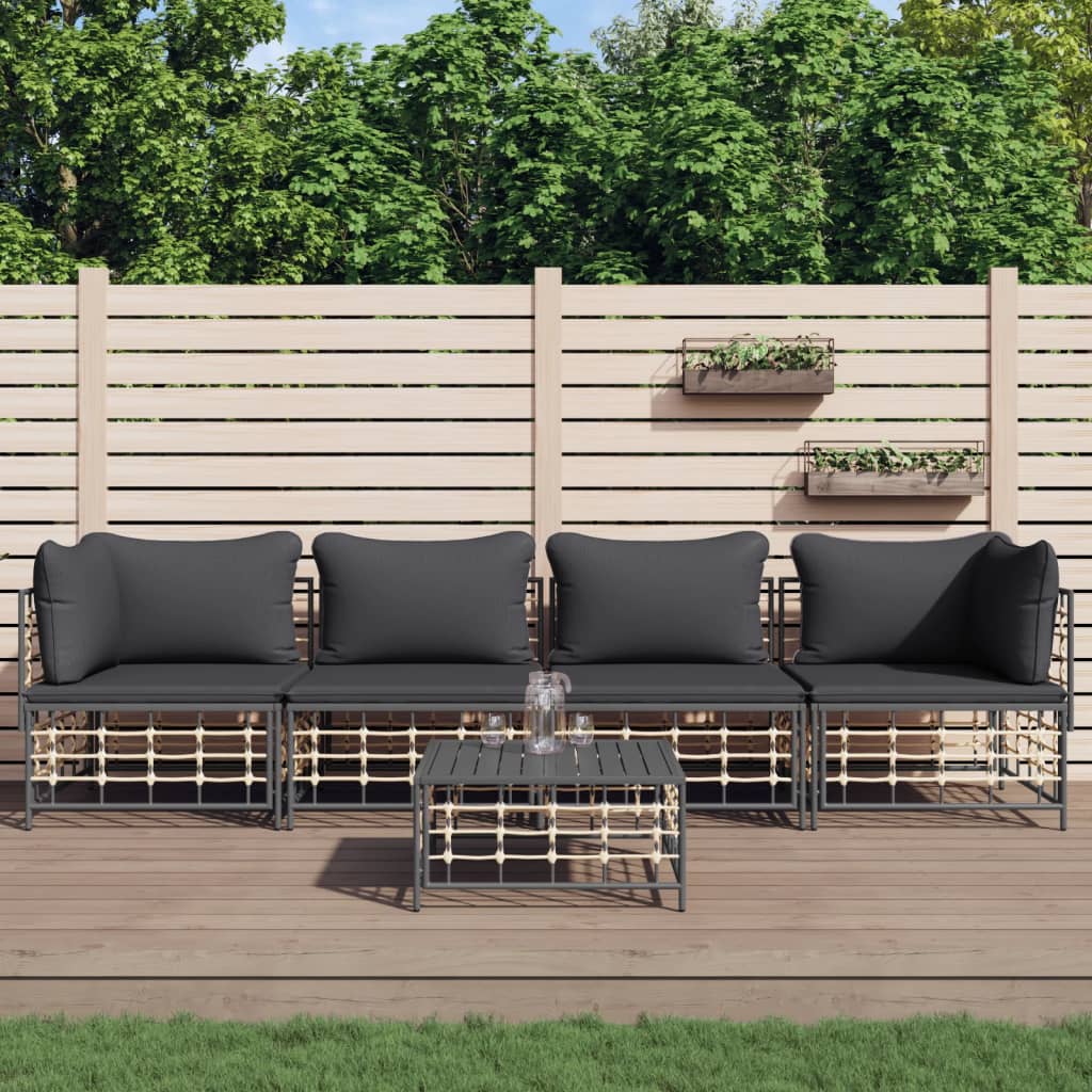 5 Piece Garden Lounge Set with Cushions Anthracite Poly Rattan