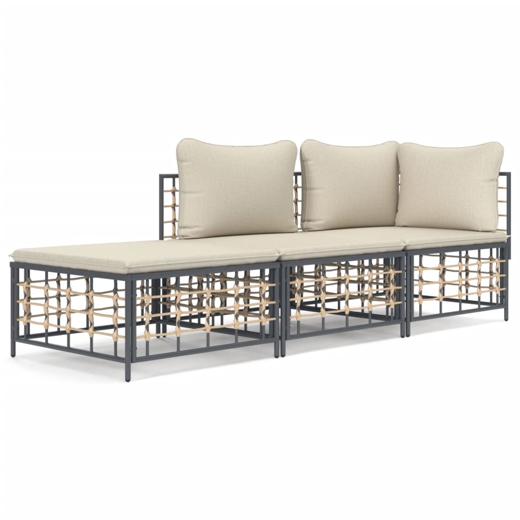 3 Piece Garden Lounge Set with Cushions Anthracite Poly Rattan
