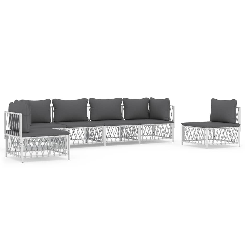6 Piece Garden Lounge Set with Cushions White Steel