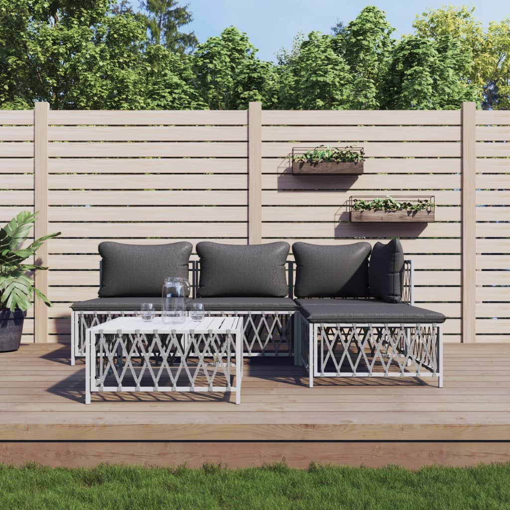 5 Piece Garden Lounge Set with Cushions White Steel