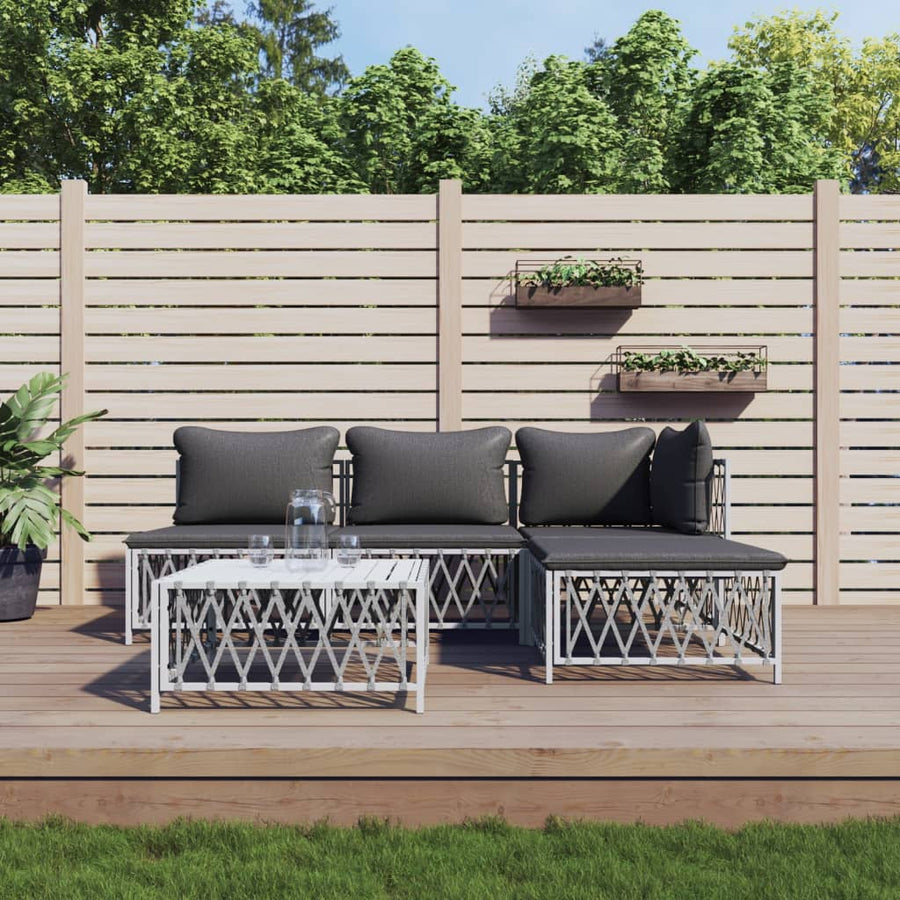 5 Piece Garden Lounge Set with Cushions White Steel