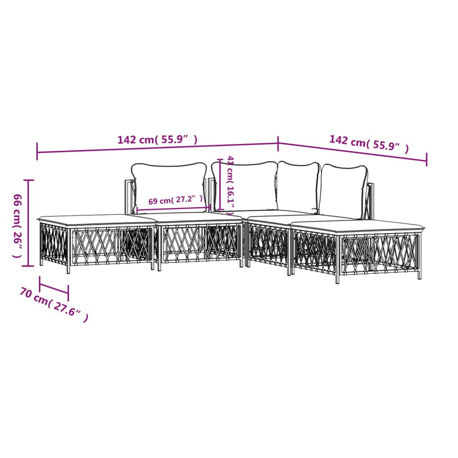 5 Piece Garden Lounge Set with Cushions White Steel