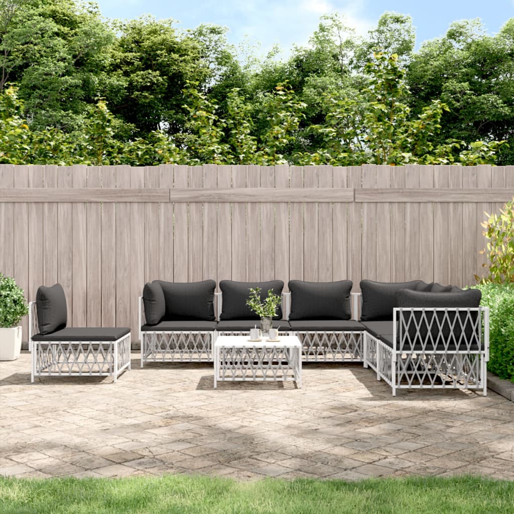 8 Piece Garden Lounge Set with Cushions White Steel