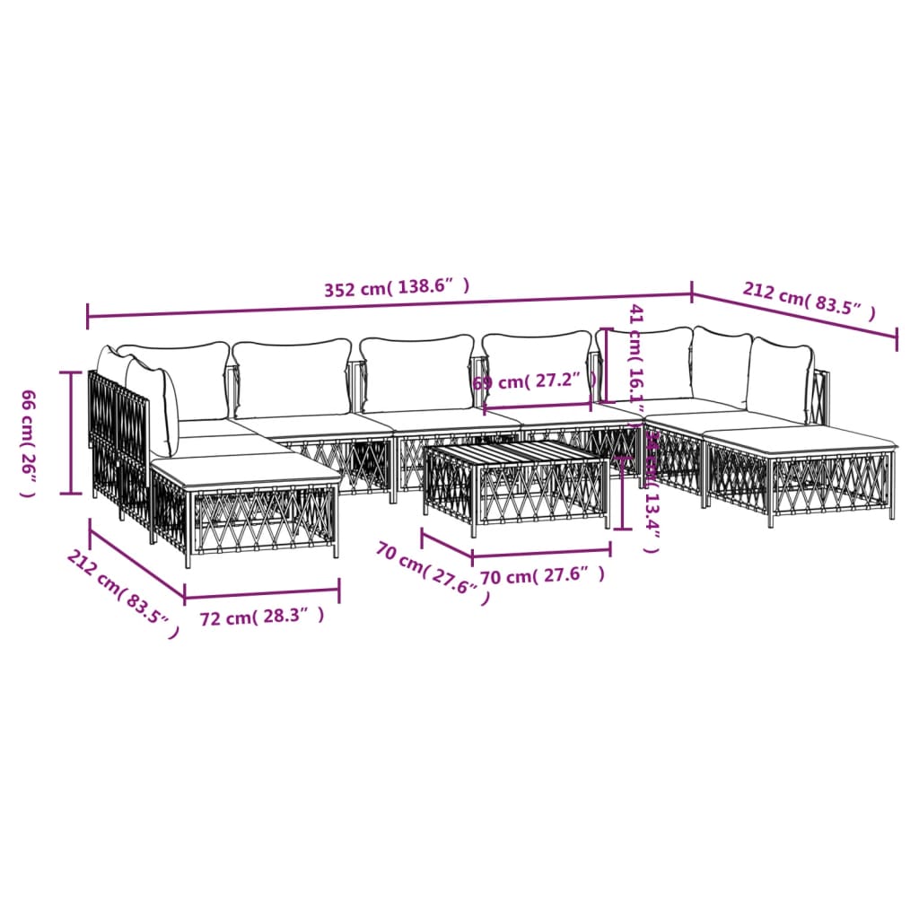 10 Piece Garden Lounge Set with Cushions White Steel
